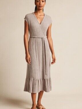 Caution To The Wind Striped Wrap Maxi Dress in Beige and White